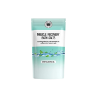 Muscle Recovery Bath Salts with mint leaves and crystal clear water aesthetic.